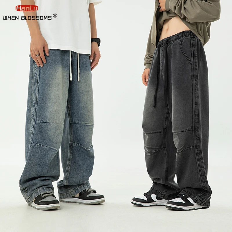 

2024 New Harajuku Vintage Blue Cargo Jeans Men's Oversized Grunge Y2K Denim Pants Hip Hop Streetwear Baggy Wide Leg Trousers