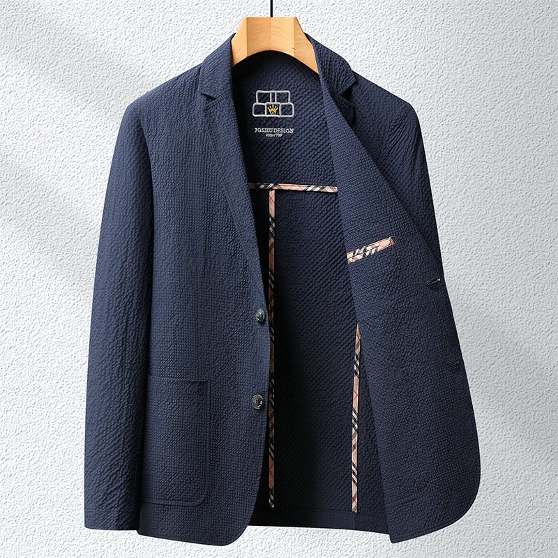 KIDWHXR Suit Coat Man Summer Thin Turn Down Collar Pocket Male Outerwear Single-breasted Slim Breathable Casual Men Blazer
