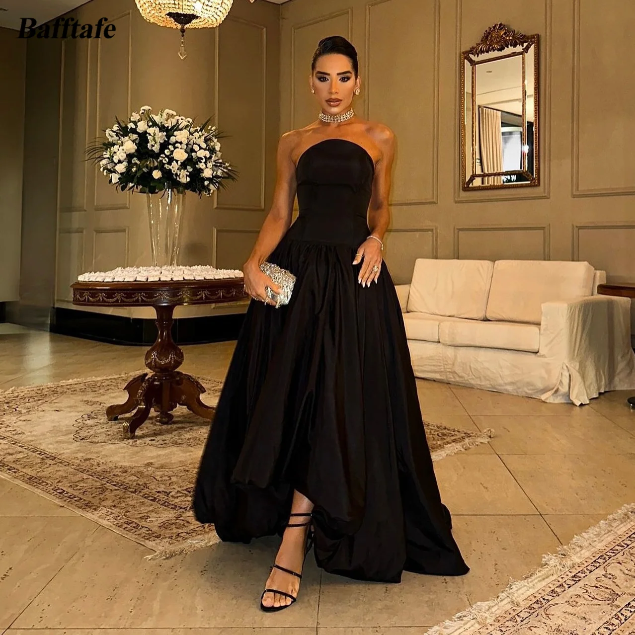 Bafftafe Customized Black Satin Prom Dresses A Line High Low Strapless Women Party Evening Gowns Formal Specail Occasion Dress