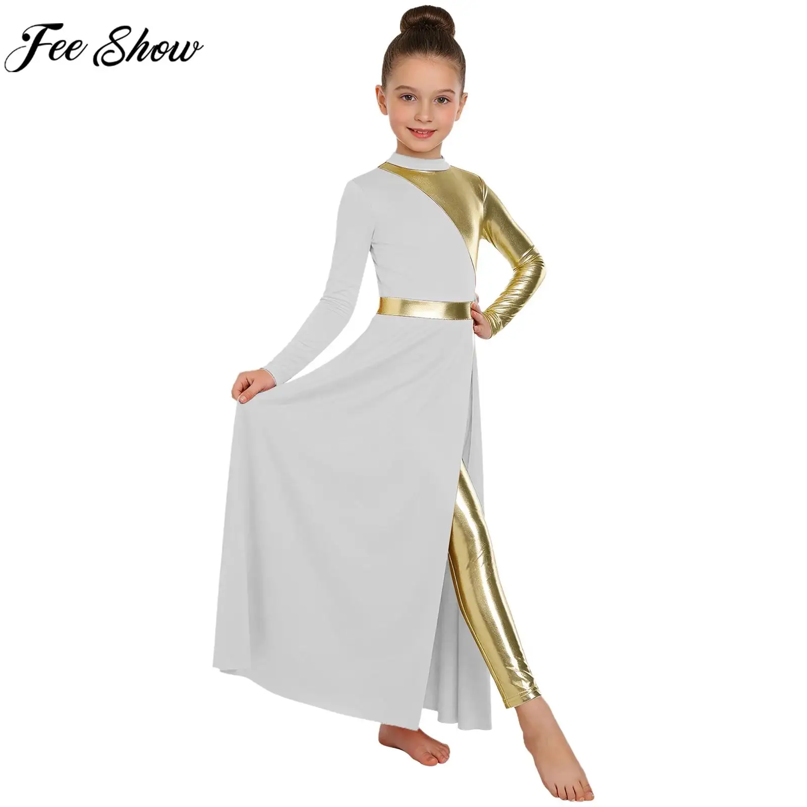 Girls Liturgical Worship Church Choir Praise Dance Dress Long Sleeve Metallic Block Modern Lyrical Dancing Dresses Dancewear