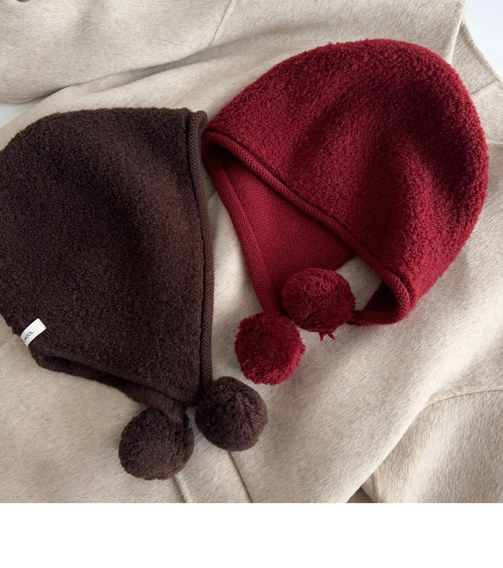 Women 100% Wool Knit Hat with Double Pom Poms Soft Warm Winter Ear Cover Hat Vintage Solid Red Coffee Gray Knitted Hat