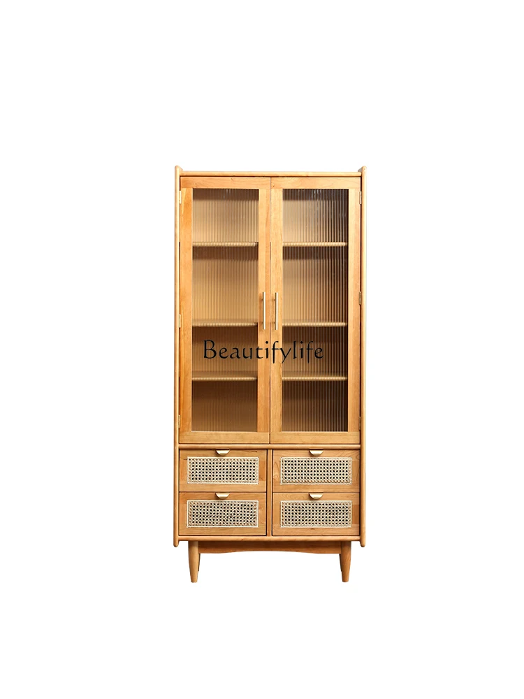 Nordic Solid Wood Bookcase Floor Storage Cabinet with Door Glass Bookcase