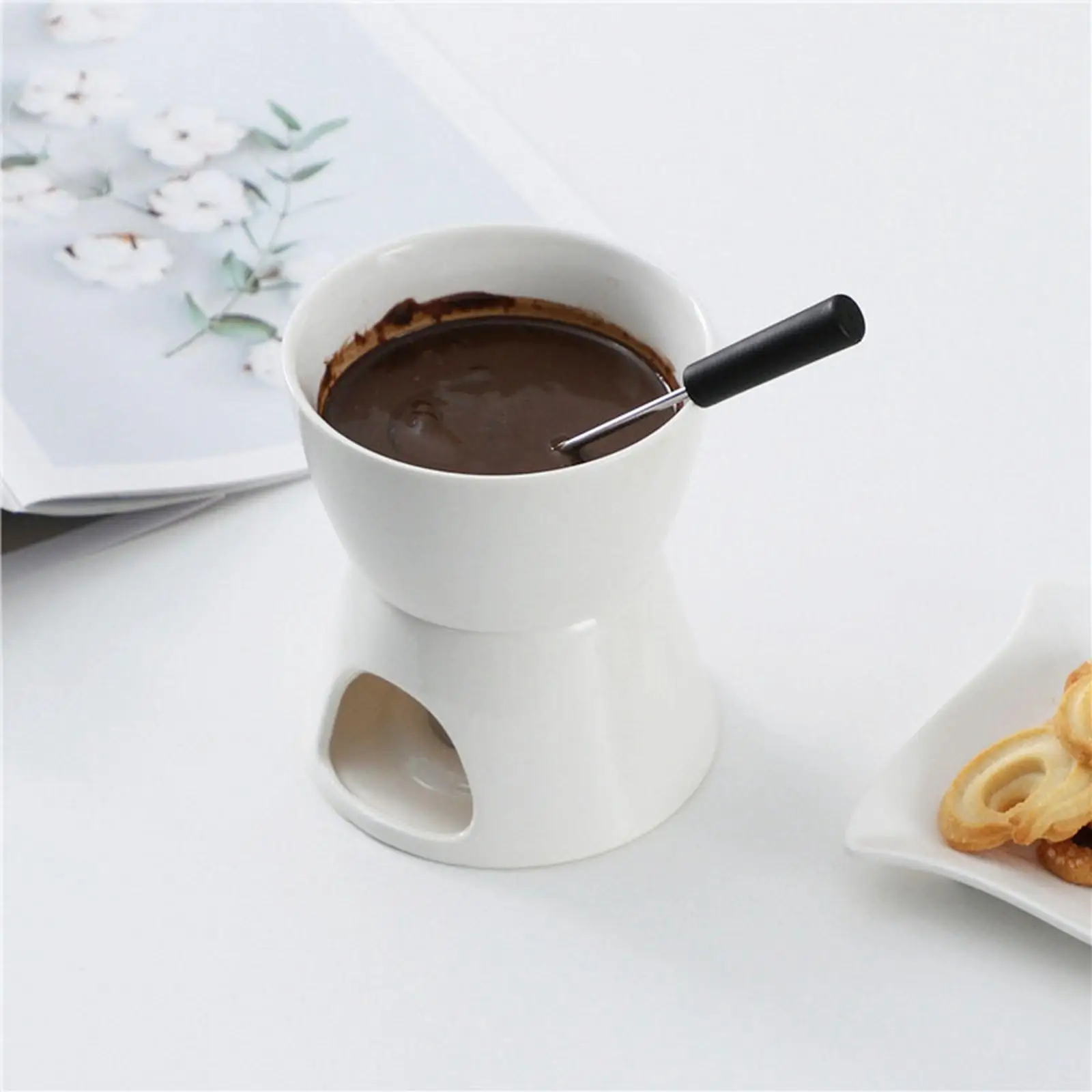 Ceramic Chocolate Fondue Mug with Candle Melter Mini Fondue Pot for Home Dessert Butter Heating