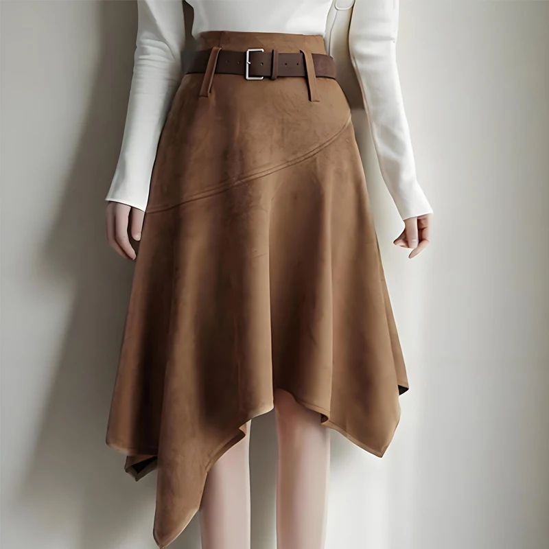 

Осень-зима 2021, модные нерегулярные замшевые юбки, женские винтажные утягивающие повседневные плиссированные юбки трапециевидной формы с высокой талией и поясом