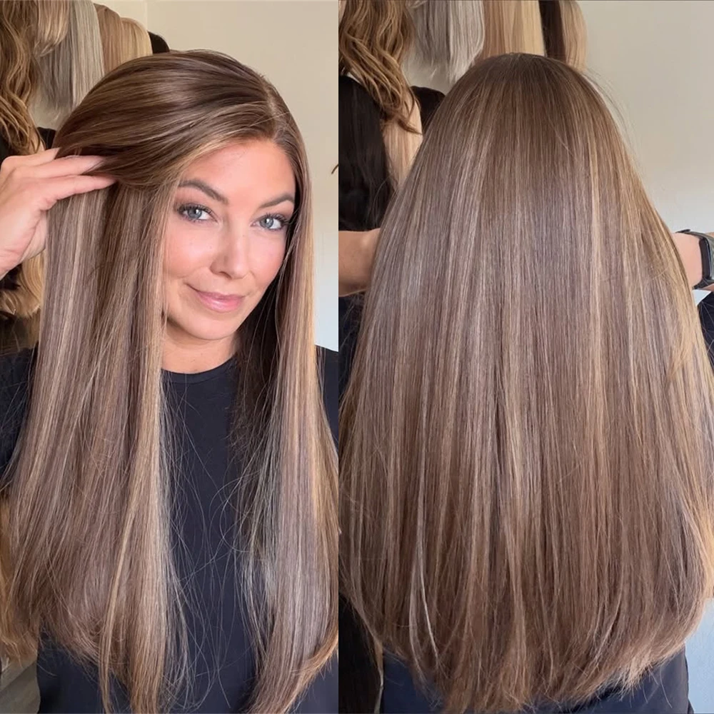 

28Inch Long Straight Synthetic Wig Middle Part Caramel Brown Highlights 13x4 Lace Front Wig Glueless Daily Use for White Women