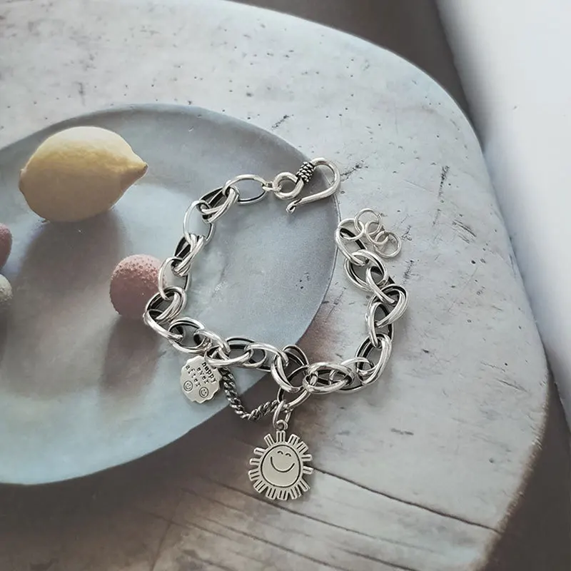 Hot Sell Trendy Smile Face Sun Design Tag Retro Thai Silver Female Charm Bracelet Wholesale Jewelry For Women Christmas Gifts
