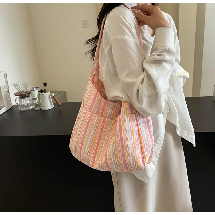 Pink Orange Pastel Striped Hobo Shoulder Bag Lightweight Large Capacity Casual Canvas Crossbody Tote Bag with Outer Pocket for Women Daily Use