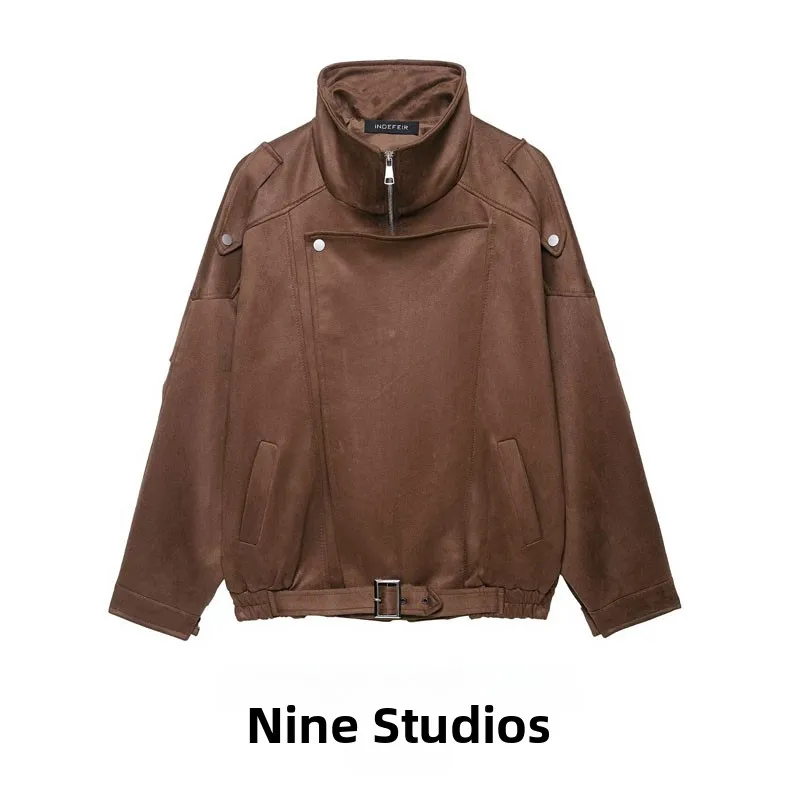 

Loose Fit Zipper Deer Skin Velvet High Collar Long Sve Jaet Outerwear for Women Autumn Winter Casual Sli Coat