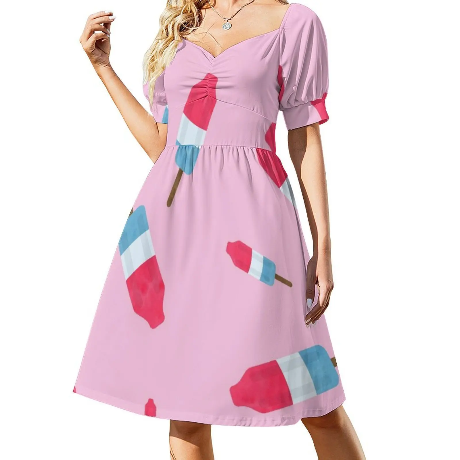 Popsicles-Modello retrò-(Sfondo rosa) Abito con scollo a cuore Elegante abito da festa estivo per le donne Gelato ghiacciolo