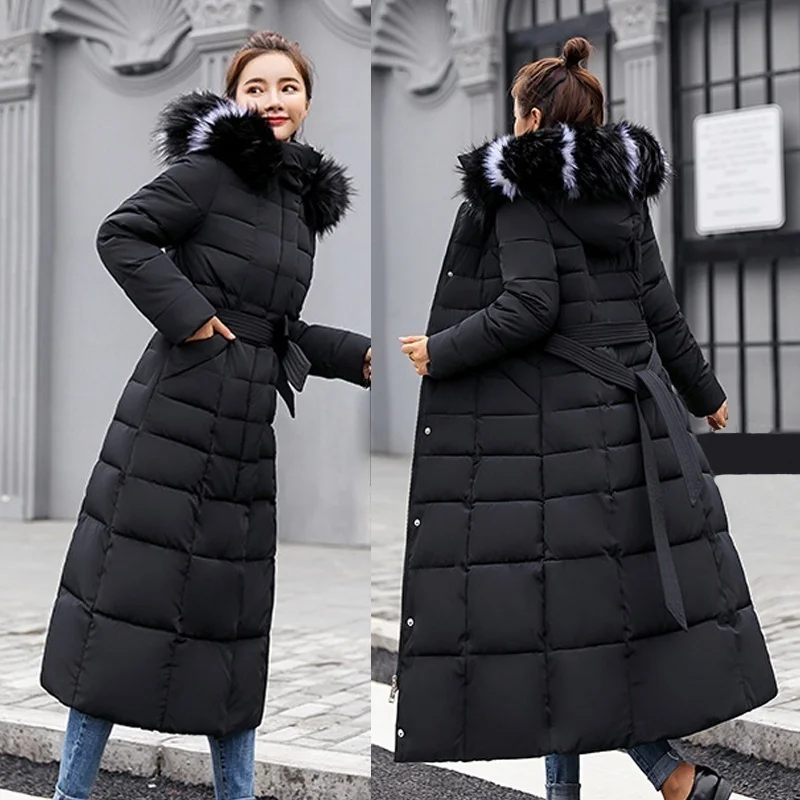 2024 New Winter Coat Women's Warm Fashion Bow Belt Fox Fur Collar Knee Thickening Warm Coat Long Skirt Women's Thick Coat