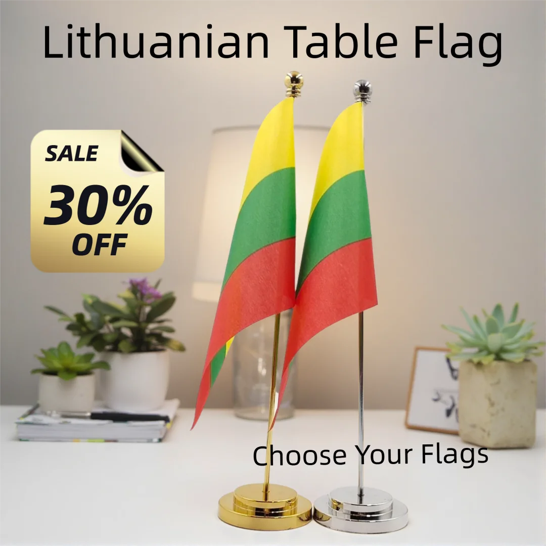 Lithuanian Table Flag 100D Polyester with Silver/Golden Base Desk Banner for Office School