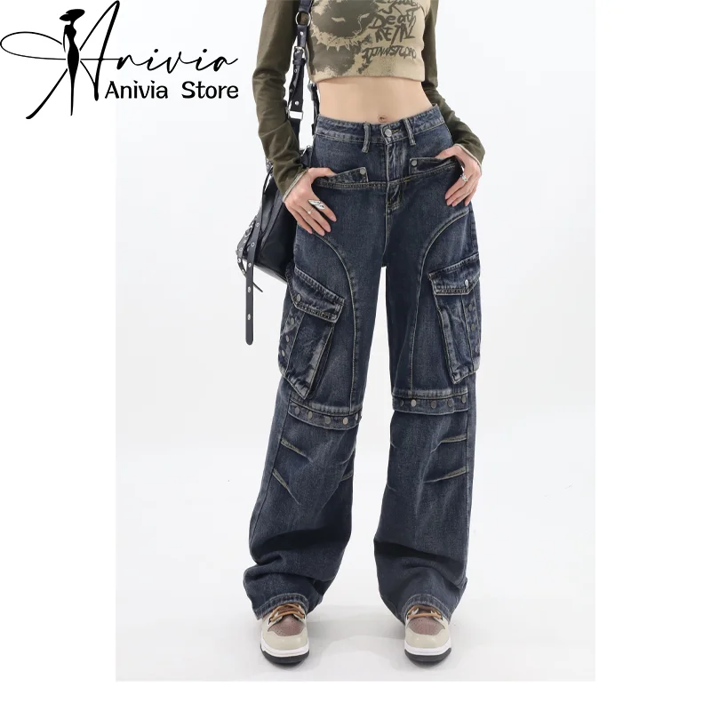 

Harajuku Streetwear Retro Fashion Women High Waist Jeans Dark Blue Pocket Wide Leg Straight Loose Denim Trousers Y2K Baggy Pants