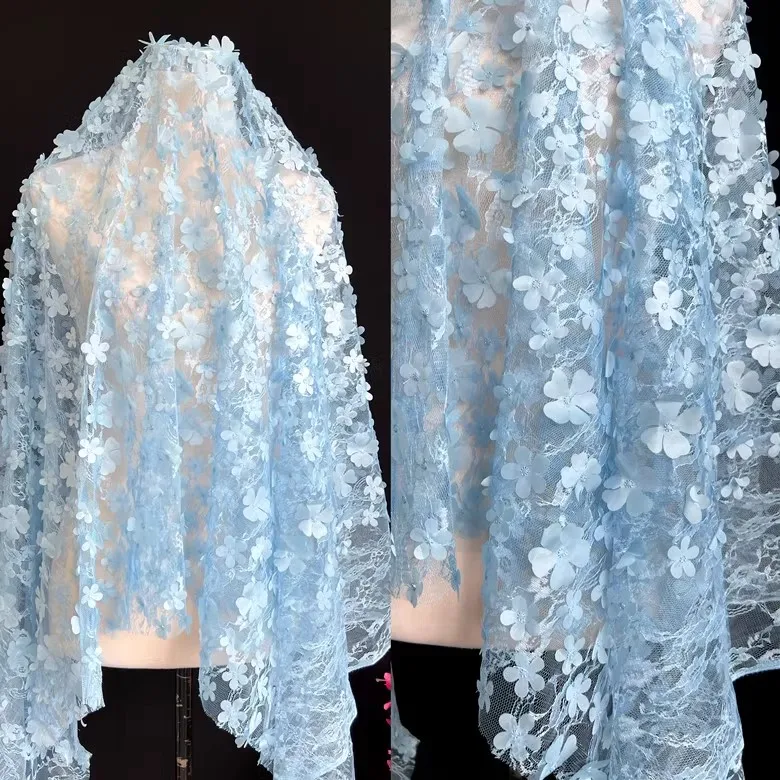 Light Blue White 3D Flowers Hollow Lace Fabric Clothing Dress Home Decoration Fabric