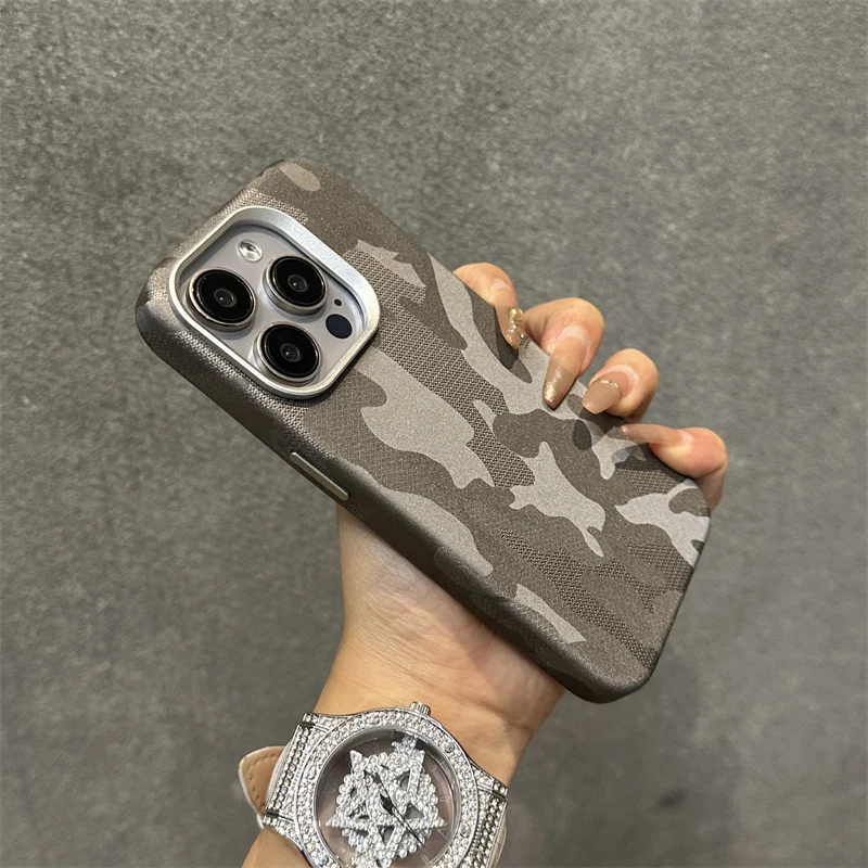 Camouflage Leather Magsafe case for iphone 13 15 14pro 12 13Pro 14pro max Plating Lens Matte Wireless Charging shockproof cover