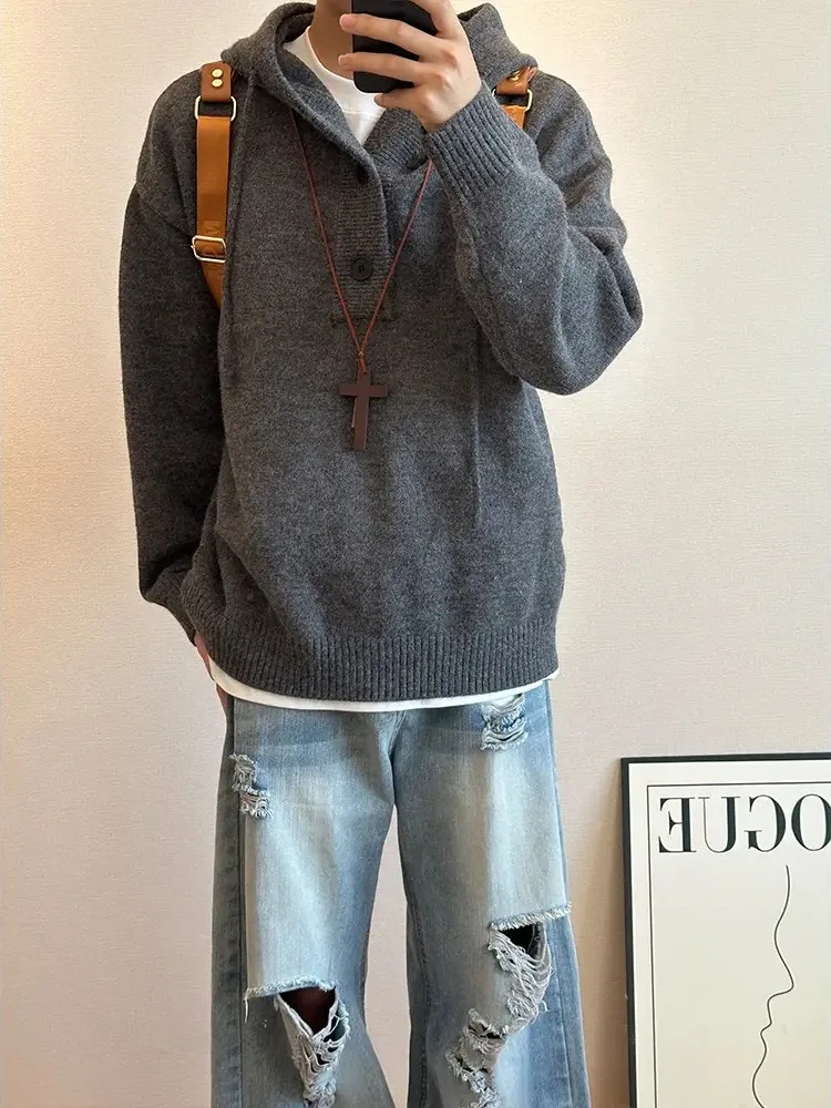 

Cleanfit Men's Knitted Hoodie Sweater Jaet American Retro Lazy Sle Henry Collar Sweatirt Warm Thi Long Sve Winter ...