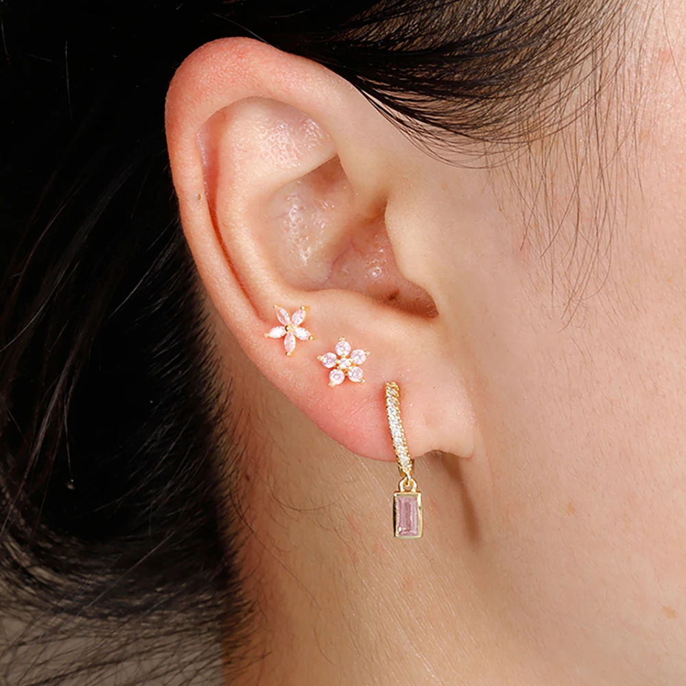 3pcs Stainless Steel Square Pink Zirconia Earrings Set For Women Small Helix Screw Cartilage Piercing Party Jewelry Accessories