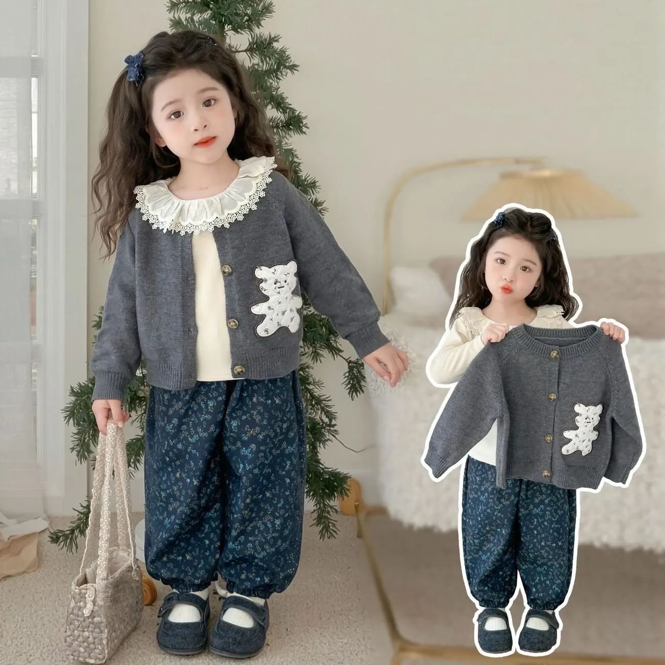

Girls' Spring and Autumn Set Fashion New Children's Knitted Coat+Shirt+Pants 3-Piece Set Kids Outfit 0 2 4 6 7Y