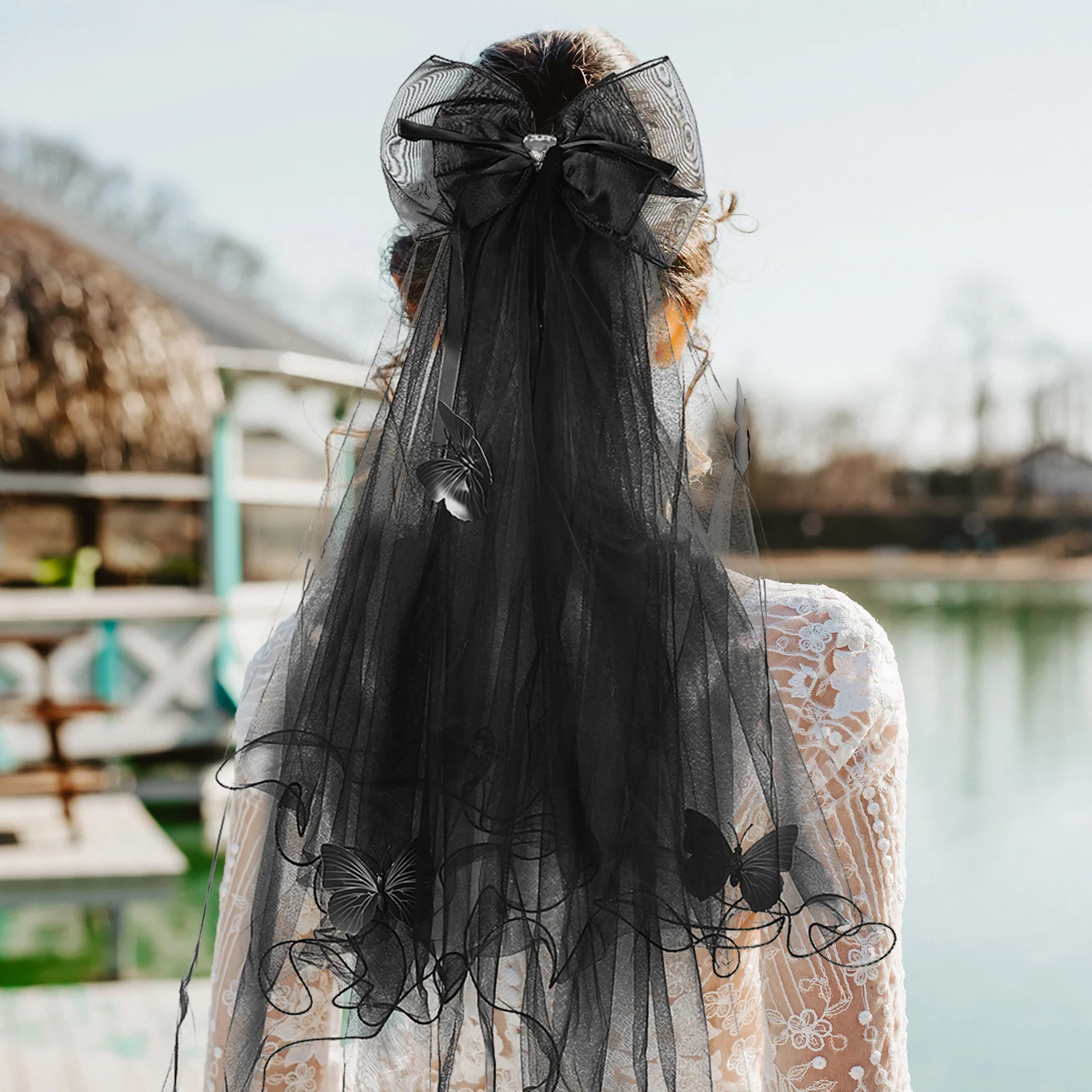 حجاب على شكل فراشة سوداء لتزيين الهالوين للنساء زي العروس القوطي مع حجاب زفاف قصير شبكي ومشبك على شكل فيونكة لمصاصي الدماء #5