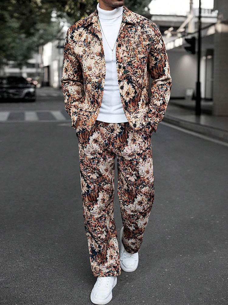Trendy Mens Loose Two Piece Suits Vintage Pattern Printed Long Sleeve Shirt And Pants Sets Men 2025 Spring Autumn Casual Outfits
