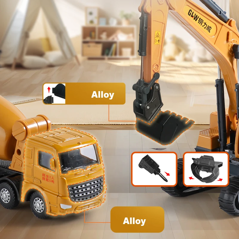 1:55 6 pçs/set simulação engenharia bulldozer escavadeira guindaste com caixa de armazenamento carro brinquedos liga diecast construção para o presente do menino