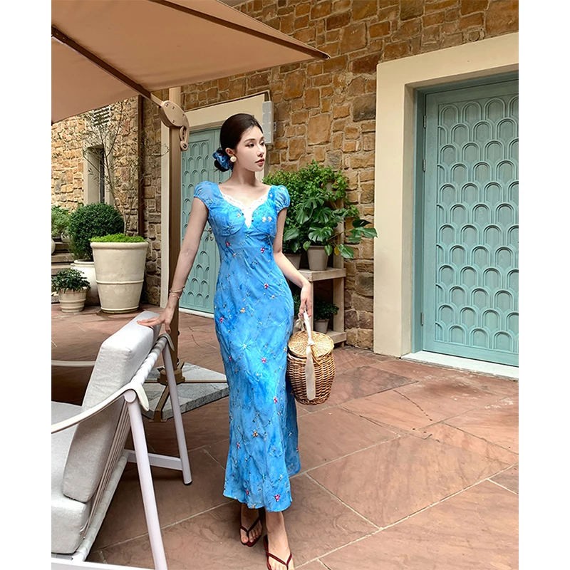 Vintage Floral Midi Dress Women Vacation Sexy Lace Patchwork V Neck Dresses Summer Elegant Puff Short Sleeve Bodycon Vestidos