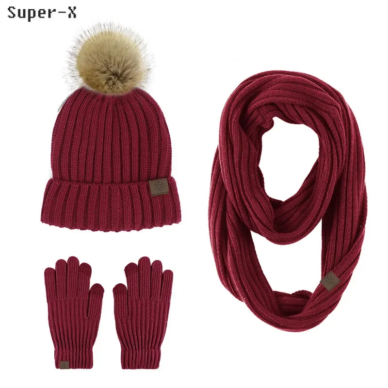 Conjuntos cachecol e luva chapéu pompom de pele monocromática, Gorros de malha, Snood longo bonito, Conjuntos de inverno quente, 3pcs