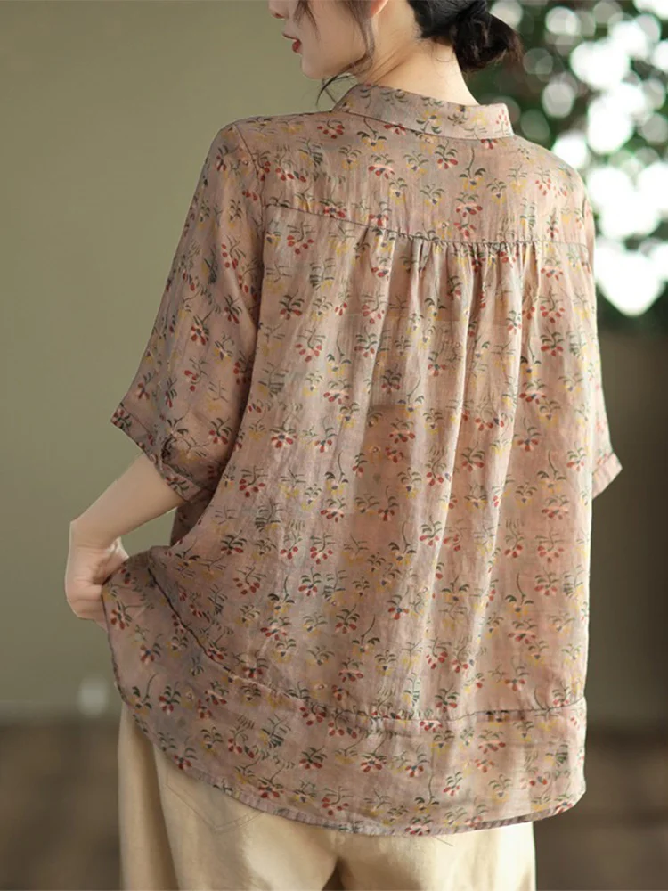 

Japanese Sle Women's Thin ort Sve irt Retro Floral Cotton Linen Collar Button up Loose Fit Summer Casual irt
