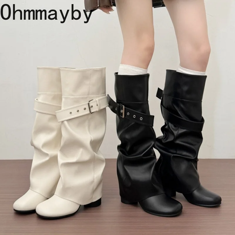 Botas de Diseñador para Mujer, Botas Altas hasta la Rodilla con Hebilla Metálica, Punta Redonda, Tacón Cuadrado, Zapatos de Otoño e Invierno, Botines Largos de Cuero para Uso Diario