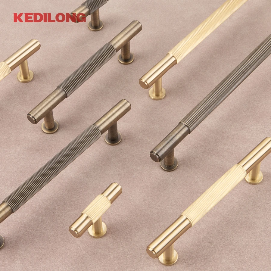 KEDLO Solid Brass New Linear Cabinet Knobs Long T-bar Furniture Wardrobe Drawer Handles Pull Closet Bars