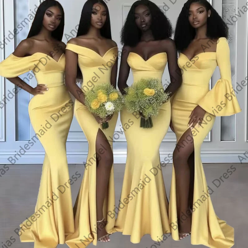 

Long Yellow Satin Bridesmaid Dresses for Wedding Party Customized Maid Of Honor Dress Vestidos De Damas De Honor De Boda