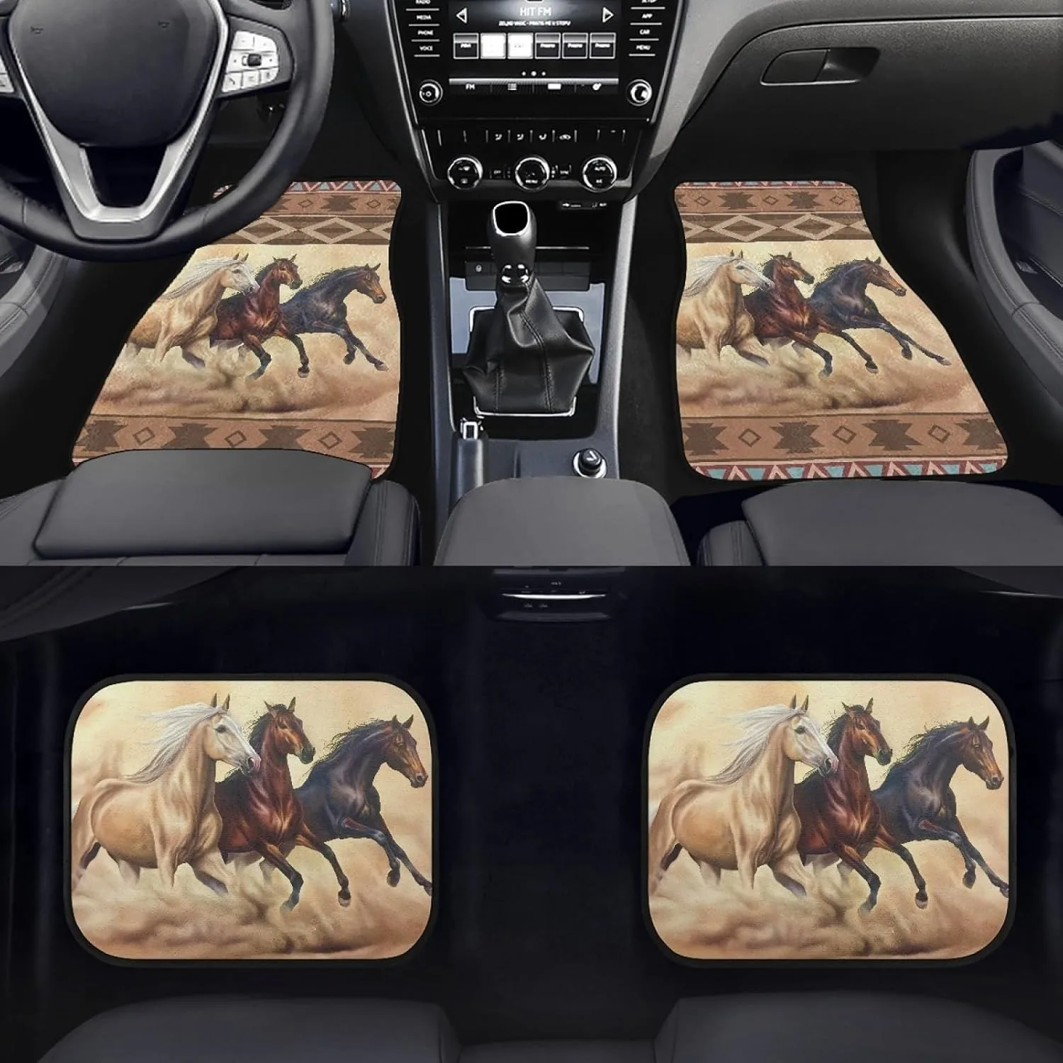 Horse Pattern Car Floor Mats | Aztec Ethnic Style Three Horses Run In Desert Sandstorm, Polyester, Universal Fit For Front And R