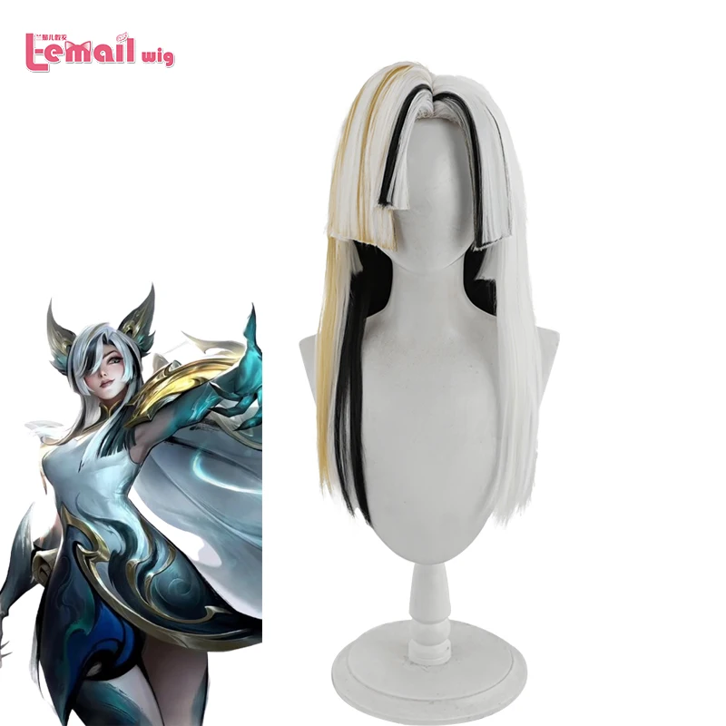 L-e-mail parrucca gioco di capelli sintetici LOL Xayah parrucche Cosplay 55cm bianco misto nero giallo parrucche di colore capelli resistenti al calore