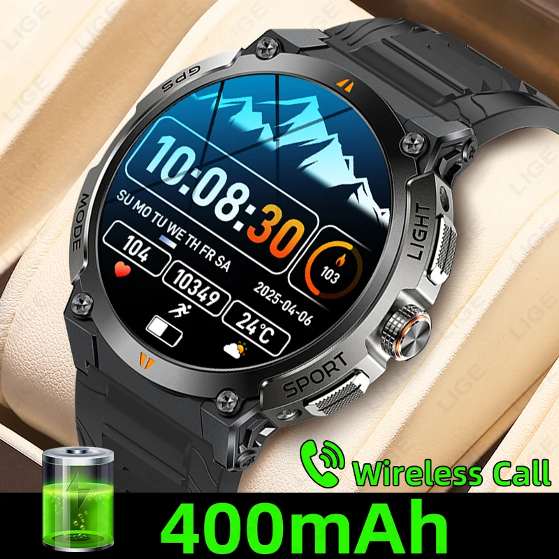 

LIGE New GPS Smart Watch For Men Bluetooth Call 400mAh Large Battery 1.43inch AMOLED Screen AI Voice IP68 Waterproof Smartwatch