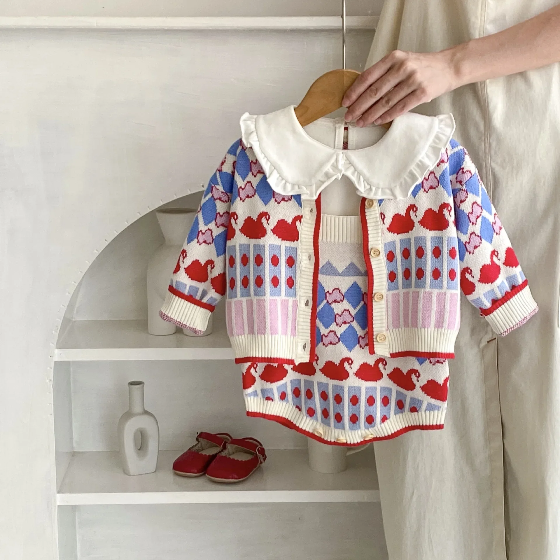 

Осень 2024, комплект из двух предметов для малышей, жаккардовая трикотажная рубашка с длинным рукавом для мальчиков и девочек, комплект из двух предметов