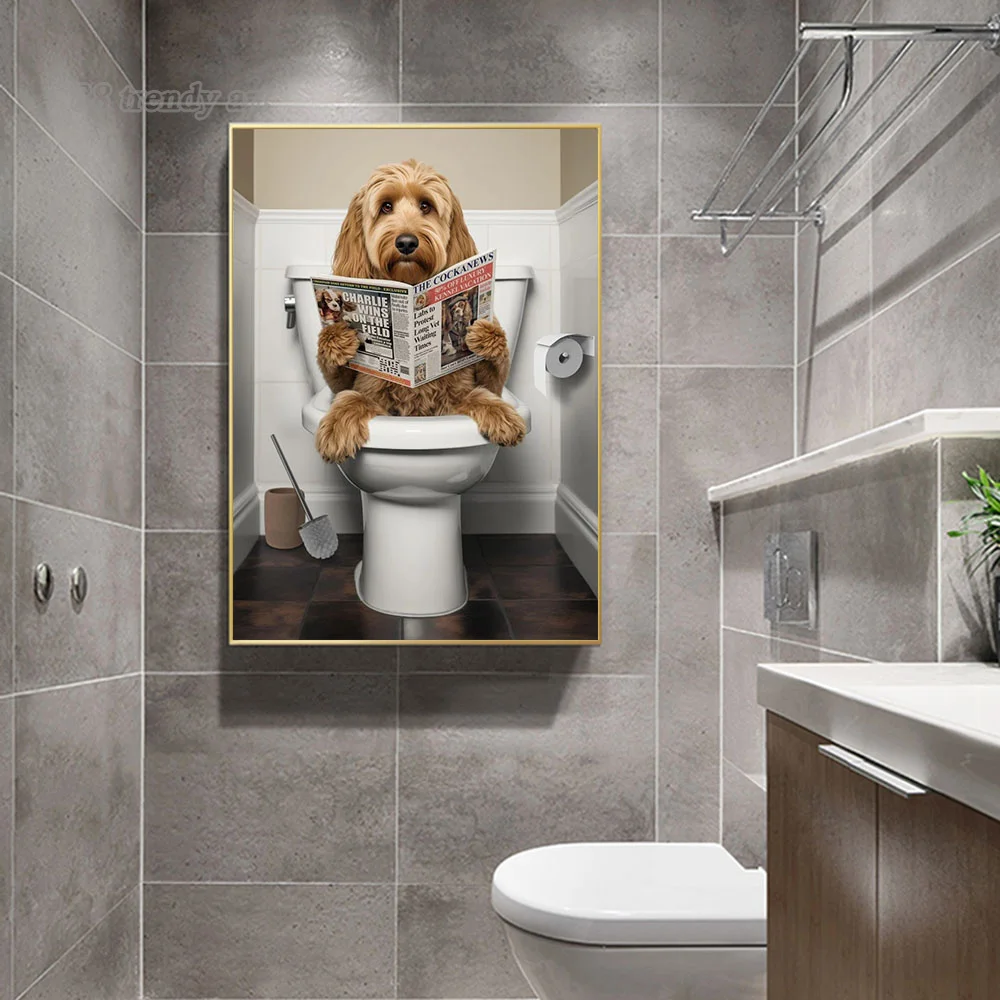 Funny Animals on The Toilet Reading A Book Poster and Prints Canvas Painting Vintage Home Bathroom Toilet Wall Art Decor Mural