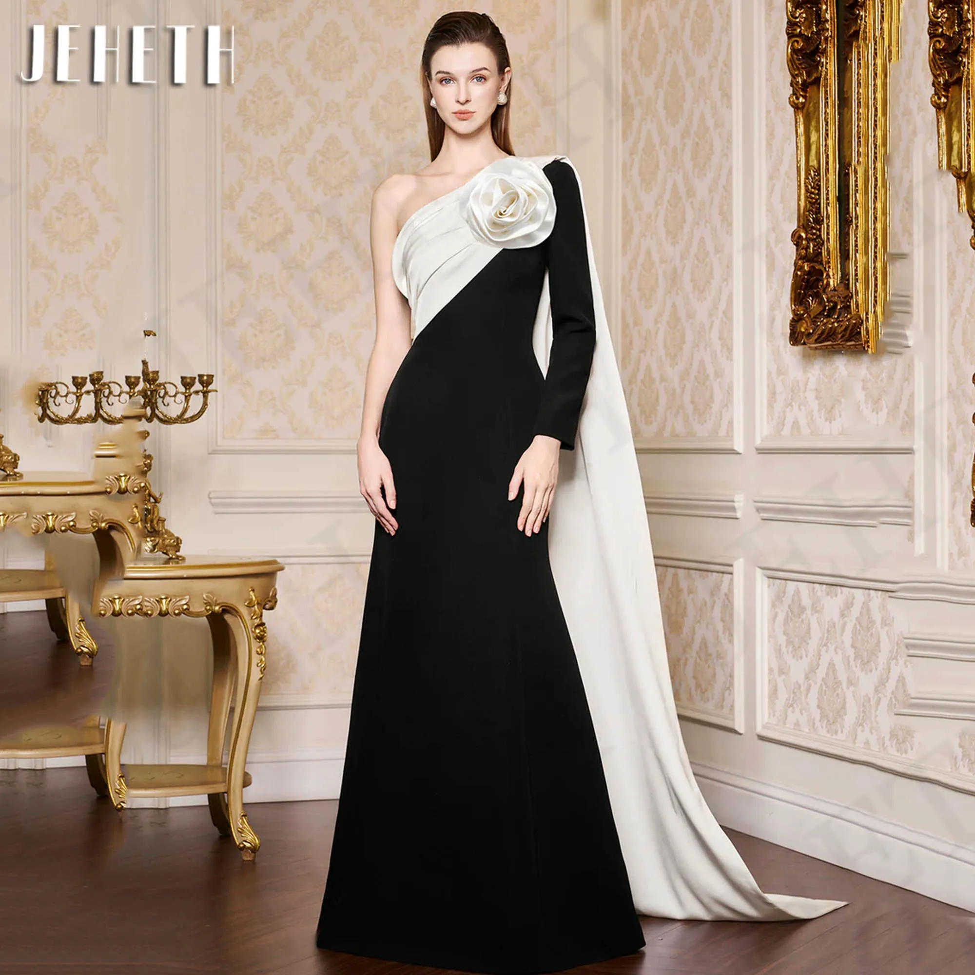 

JEHETH Saudi Arabia Elegant Mermaid Evening Dress Woman 3D Satin Flowers One Shoulder Formal Occasion Dresses فساتين سهرة Black