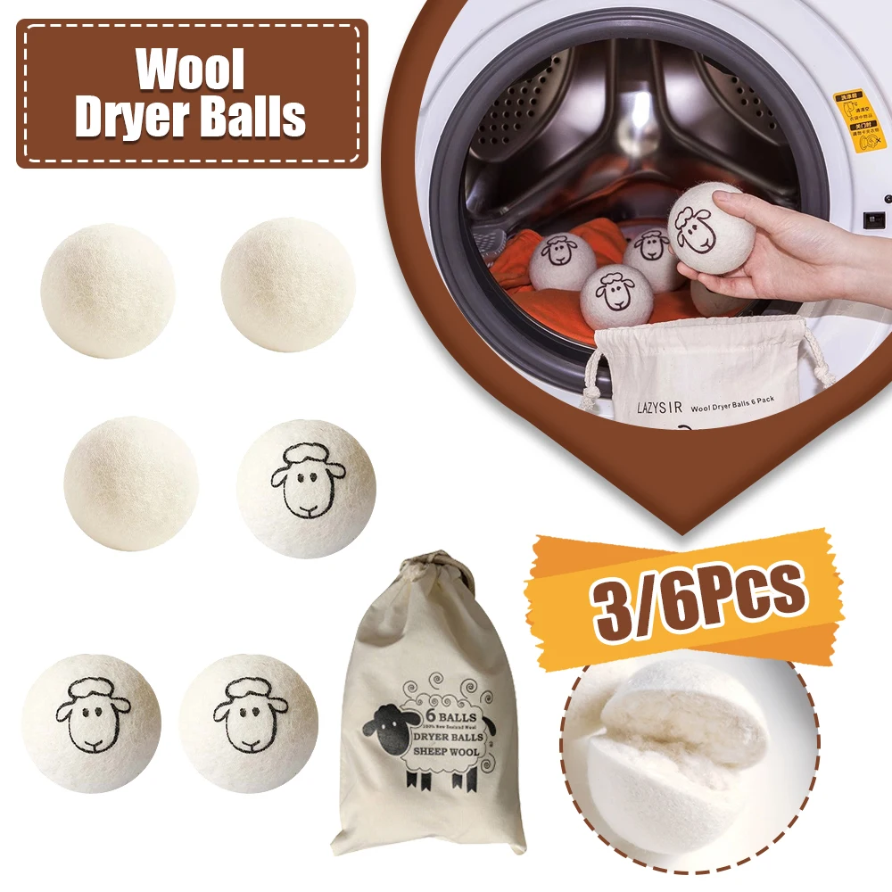 3/6PCS Wool Dryer Balls Fabric Virgin Reusable Softener Laundry Dry Kit Ball Practical Home Washing Balls Wool Dryer Balls