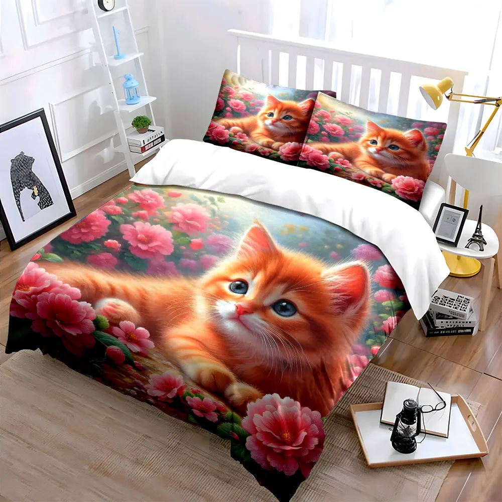 Gentle kitten with pink blossoms Duvet Cover Set with 3D Printing Design Soft Polyester Bedding Set All-Season Comfort