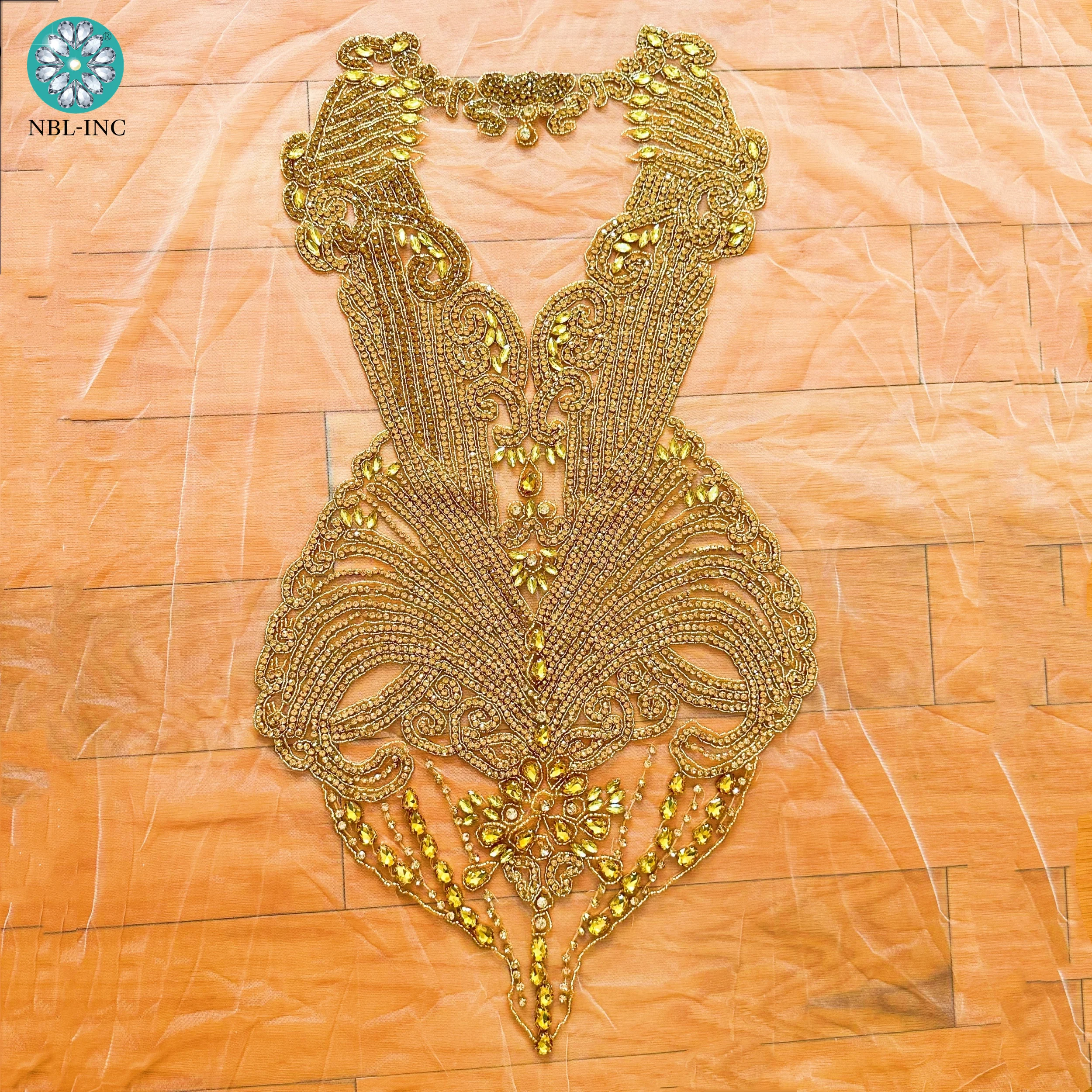 (1 unidad) parche con apliques de corpiño de diamantes de imitación dorados cosido a mano de cuerpo completo para vestido de fiesta de boda WDD1355