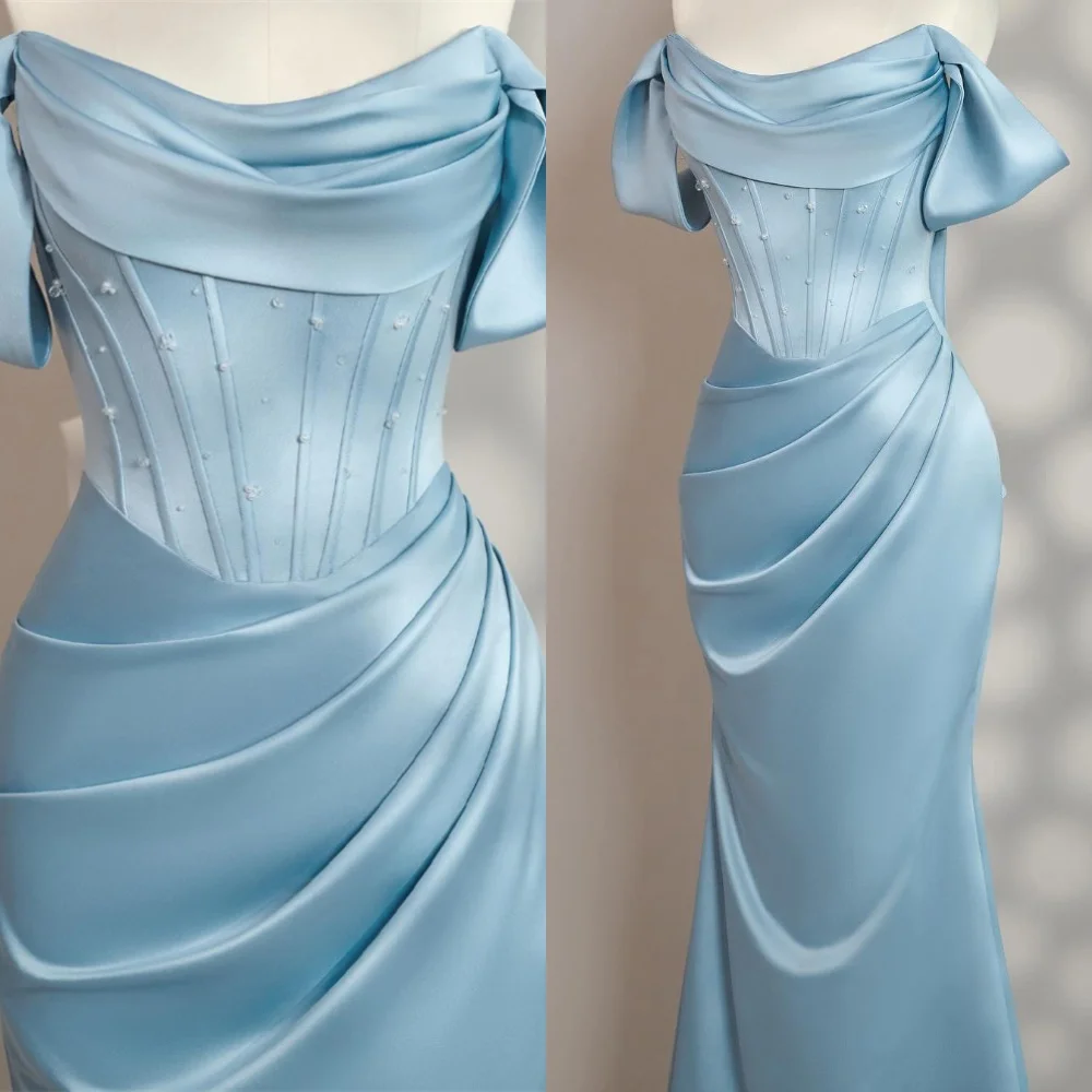 

Customized Mermaid Exquisite Blue Satin Evening Dresses Classic Off the Shoulder Homecoming Dresses Lace Up Back Prom Dress