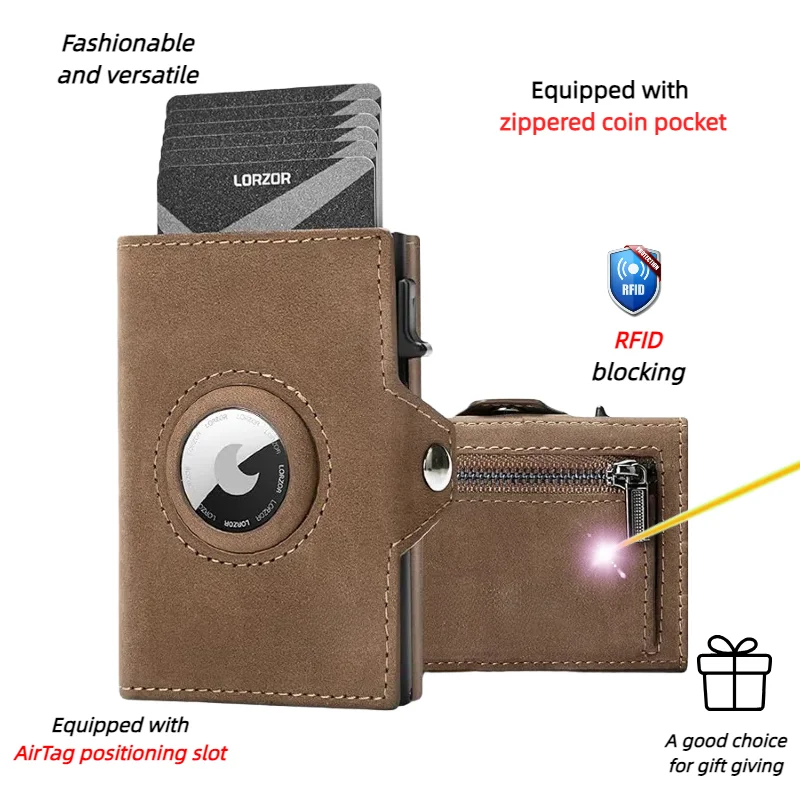 YATBEST Men's Leather Wallet With Coin Pocket AirTag Positioning Card Clip RFID Anti Magnetic Anti-Theft Card Swiping Bag