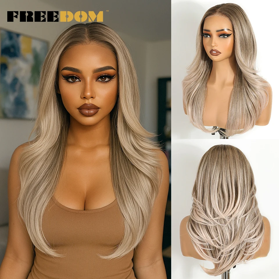 

FREEDOM Synthetic Lace Front Wigs For Black Women 20" Ombre Blonde Wavy 6X4 Pre Plucked Wear And Go Glueless Layered Lace Wigs