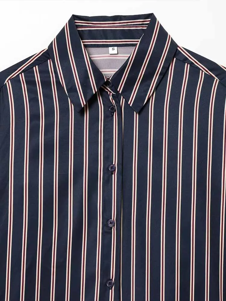 النمط الأوروبي والأمريكي الشتاء المرأة الجديدة مزاجه عارضة بسيطة طية صدر السترة بأكمام طويلة زر أسفل قميص مخطط #3