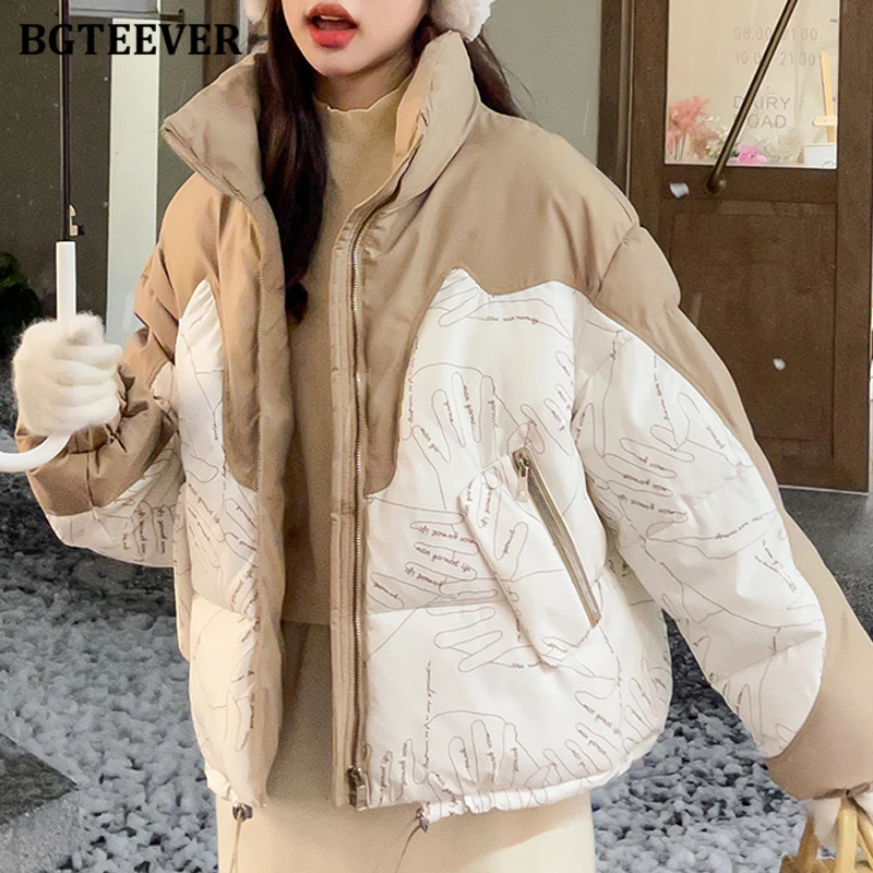 

BGTEEVER Winter Fashion Warm Ladies Parkas Elegant Long Sleeve Thicken Loose Zippers Female Printed Down Jackets Women Outwear