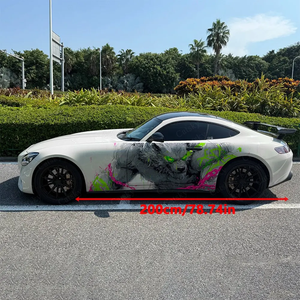 2pcs Fluorescent Ink Splash Angry Wolf Car Side Wraps, Self-Adhesive PVC Waterproof & Scratch-Resistant Stickers, Car Accessory