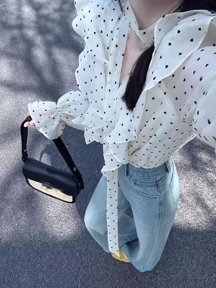 

Элегантная шифоновая рубашка с милыми оборками и волнистыми точками, женские свободные блузки с длинными рукавами, Blusas Mujer, 2024, ранняя осень, новые повседневные блузки
