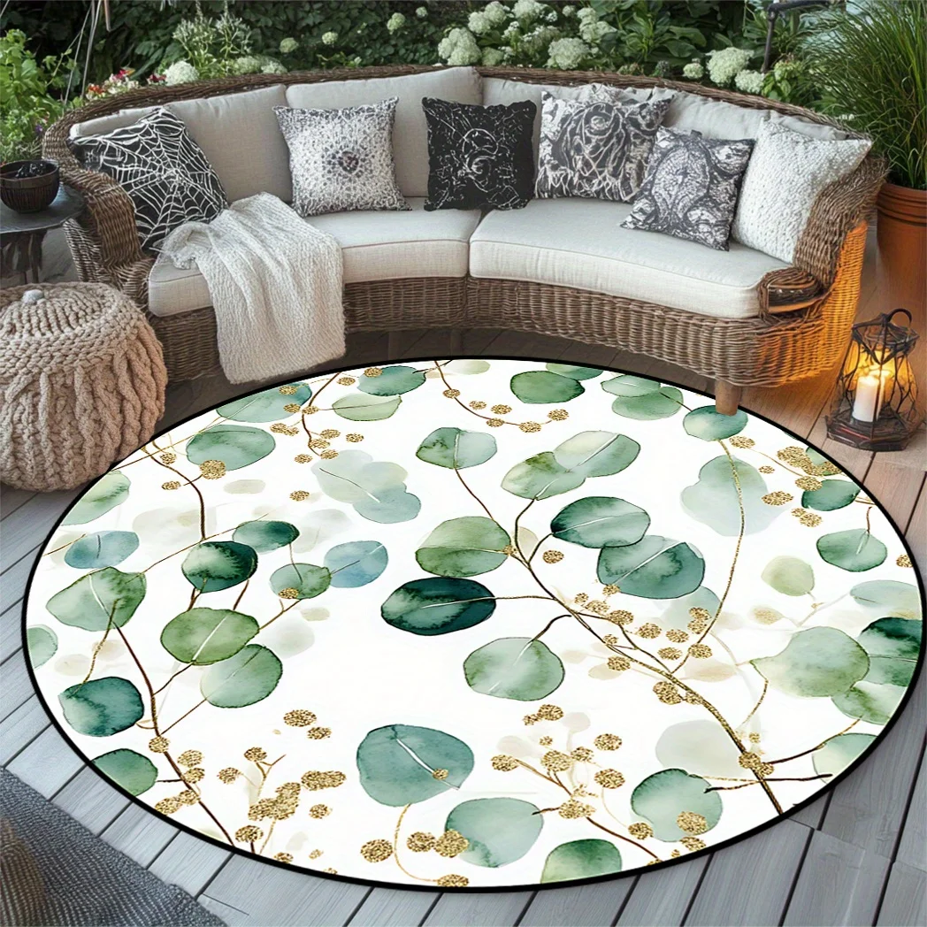 

1pc HKStorage round rug, green leaf pattern with gold edge, polyester, washable, suitable for bedroom, dining room, office