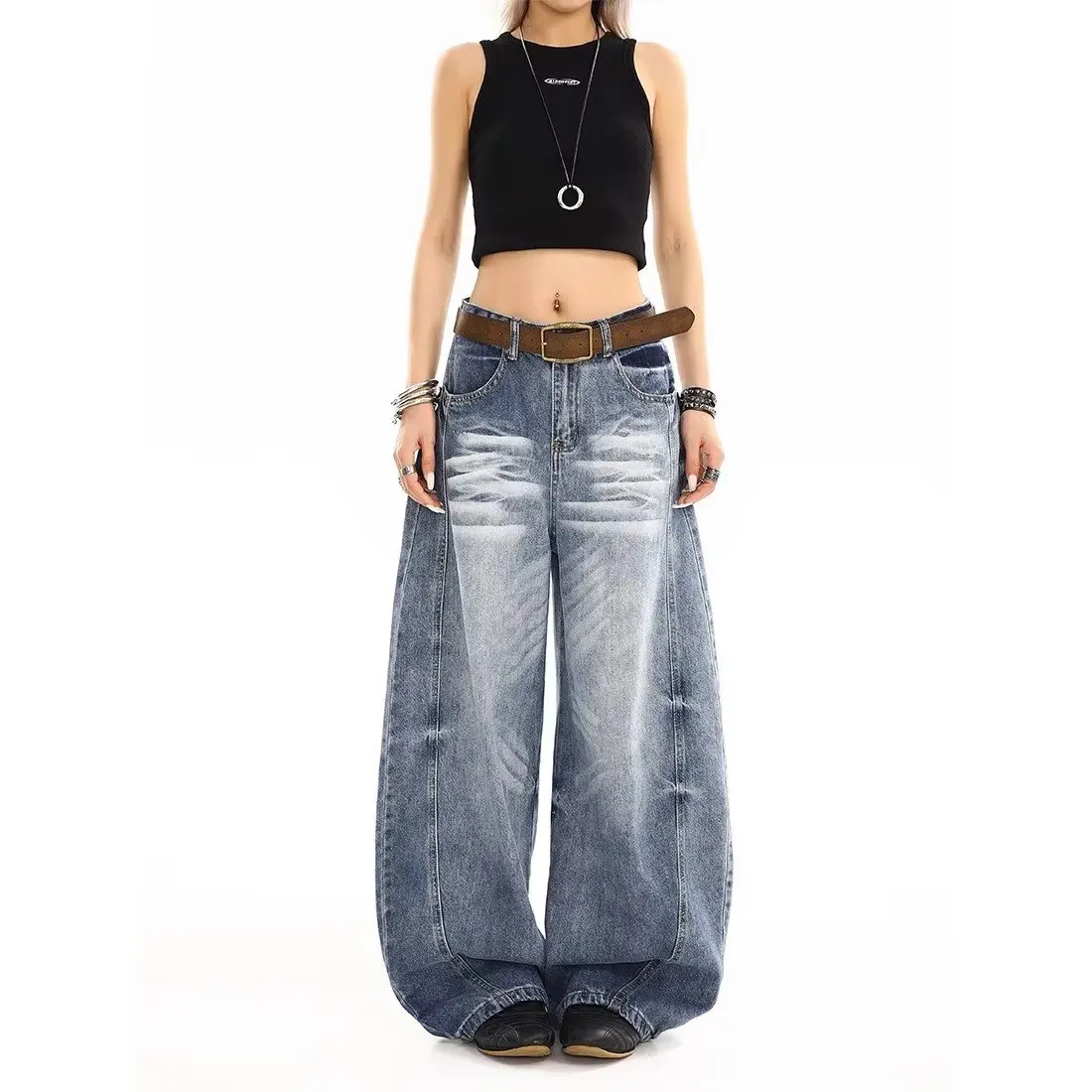 

Women's Blue Striped Jeans Cargo Baggy Washed Y2K Fashion Harajuku High Street Aesthetic Retro High Waist Jeans Pants Clothing