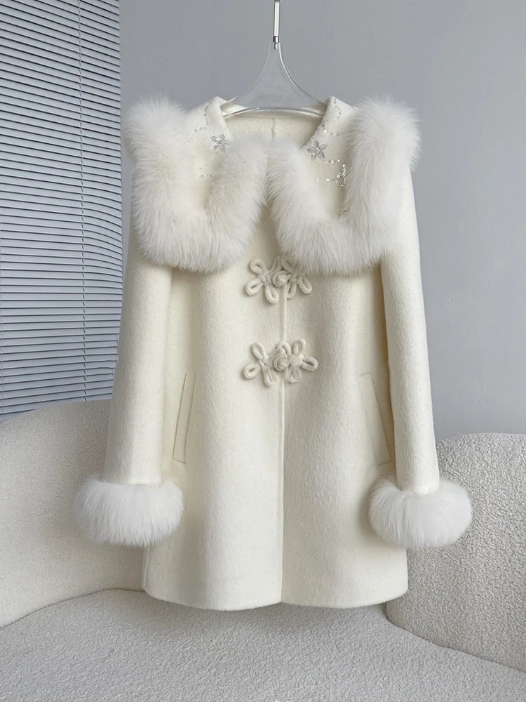 New Winter Women Cashmere Wool Woolen Coat Real Fox Fur Cuff Coat Jacket Natural Fox Fur Collar Ladies Outerwear Streetwear