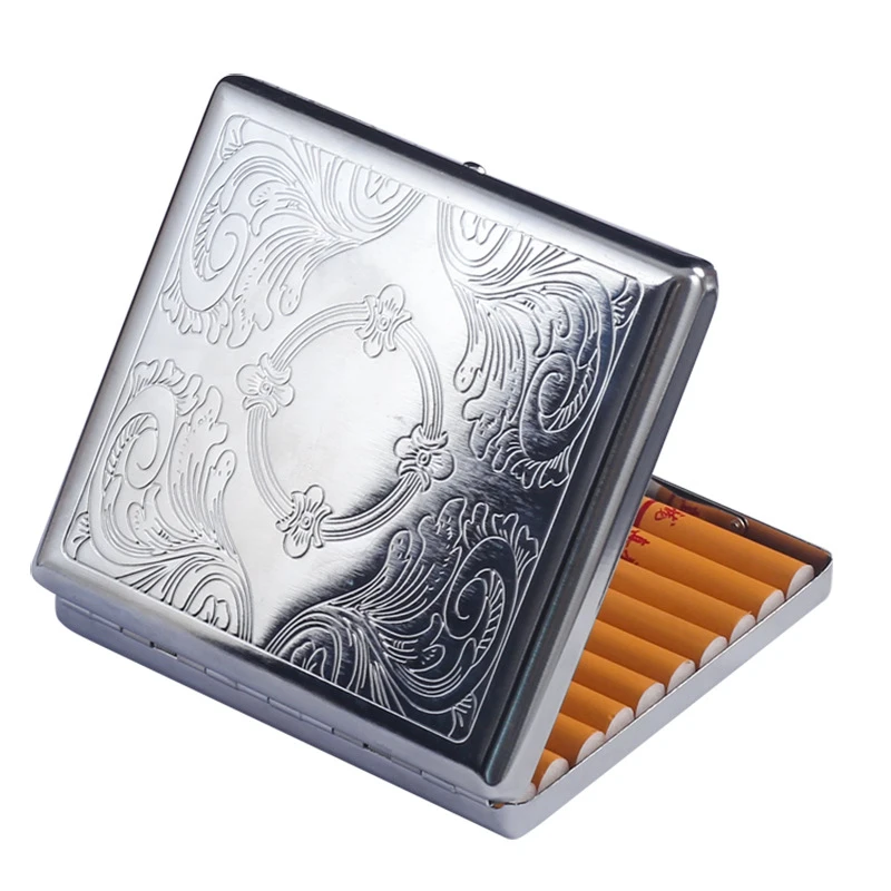 20 Pack metal cigarette box Stainless Steel Embossed Portable Pressure Resistant Cigarette case fashionable Creative storage box